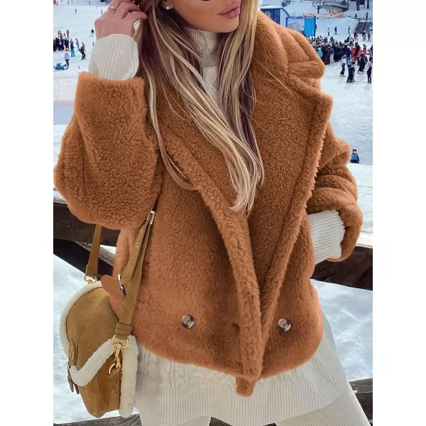 imagePRETTYGARDEN Womens 2023 Winter Fashion Sherpa Coats Lapel Fleece Jacket Long Sleeve Pockets Faux Fur Dressy Fall OutfitsCamel