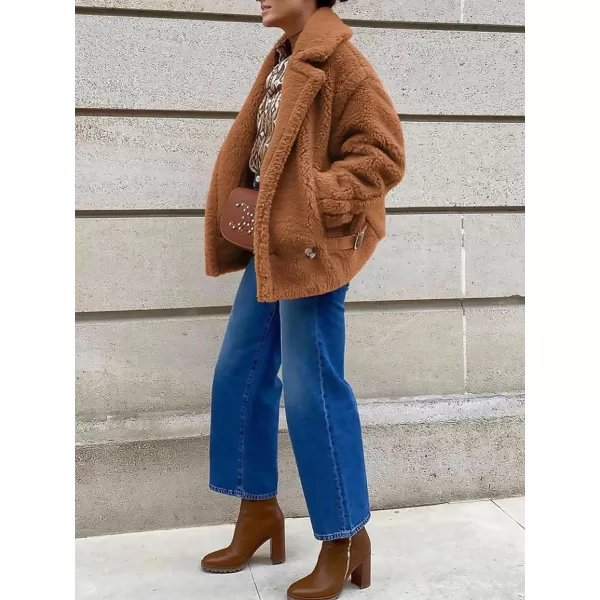 imagePRETTYGARDEN Womens 2023 Winter Fashion Sherpa Coats Lapel Fleece Jacket Long Sleeve Pockets Faux Fur Dressy Fall OutfitsCamel