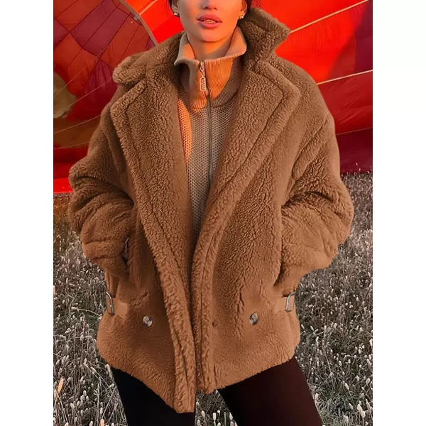 imagePRETTYGARDEN Womens 2023 Winter Fashion Sherpa Coats Lapel Fleece Jacket Long Sleeve Pockets Faux Fur Dressy Fall OutfitsCamel