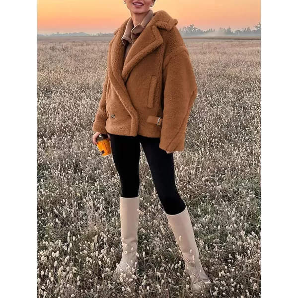 imagePRETTYGARDEN Womens 2023 Winter Fashion Sherpa Coats Lapel Fleece Jacket Long Sleeve Pockets Faux Fur Dressy Fall OutfitsCamel