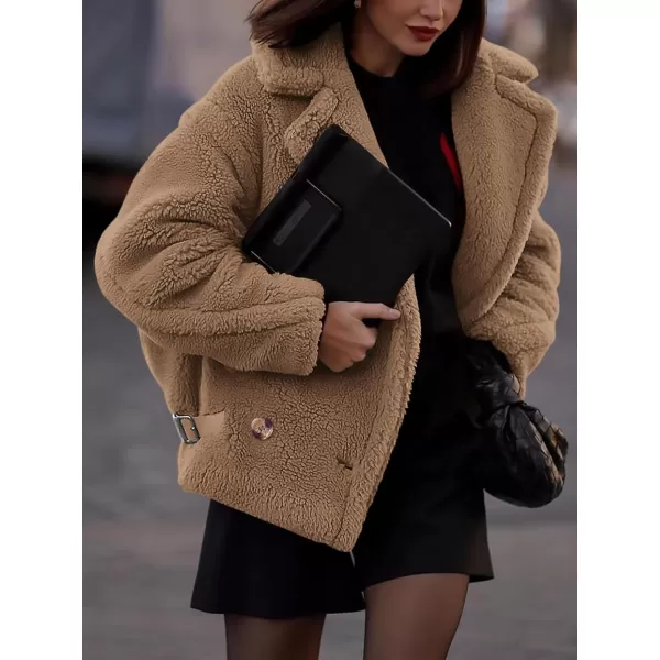 imagePRETTYGARDEN Womens 2023 Winter Fashion Sherpa Coats Lapel Fleece Jacket Long Sleeve Pockets Faux Fur Dressy Fall OutfitsKhaki