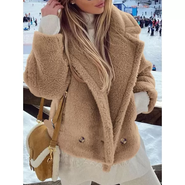 imagePRETTYGARDEN Womens 2023 Winter Fashion Sherpa Coats Lapel Fleece Jacket Long Sleeve Pockets Faux Fur Dressy Fall OutfitsKhaki