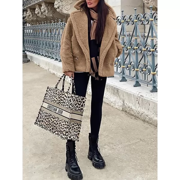 imagePRETTYGARDEN Womens 2023 Winter Fashion Sherpa Coats Lapel Fleece Jacket Long Sleeve Pockets Faux Fur Dressy Fall OutfitsKhaki