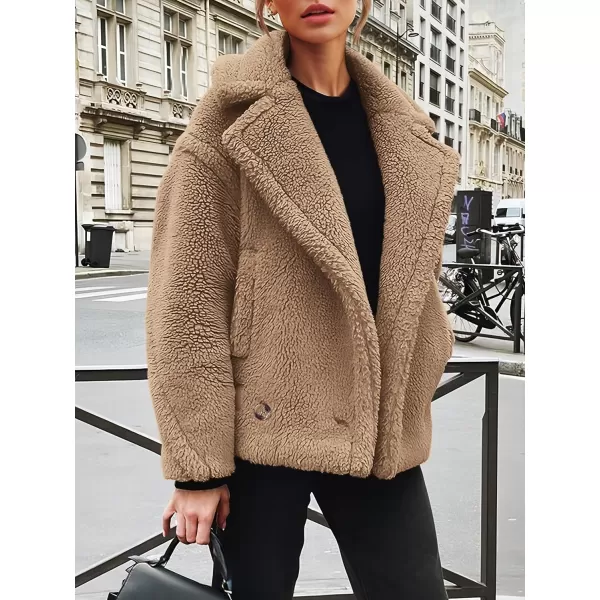 imagePRETTYGARDEN Womens 2023 Winter Fashion Sherpa Coats Lapel Fleece Jacket Long Sleeve Pockets Faux Fur Dressy Fall OutfitsKhaki