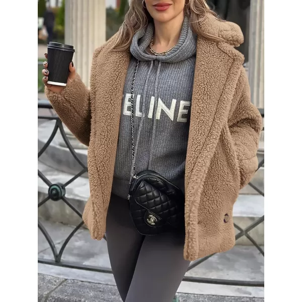 imagePRETTYGARDEN Womens 2023 Winter Fashion Sherpa Coats Lapel Fleece Jacket Long Sleeve Pockets Faux Fur Dressy Fall OutfitsKhaki