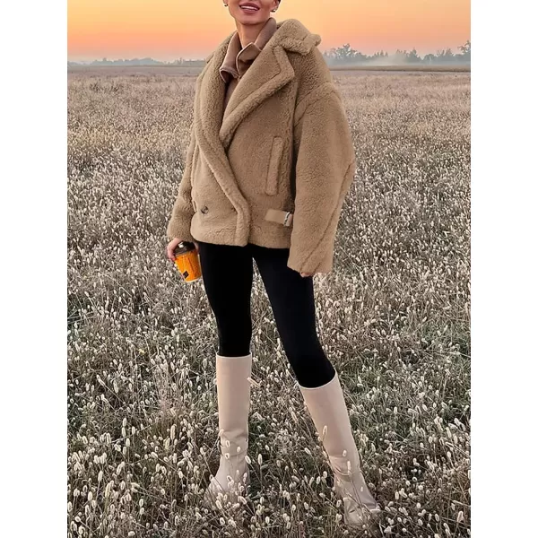 imagePRETTYGARDEN Womens 2023 Winter Fashion Sherpa Coats Lapel Fleece Jacket Long Sleeve Pockets Faux Fur Dressy Fall OutfitsKhaki