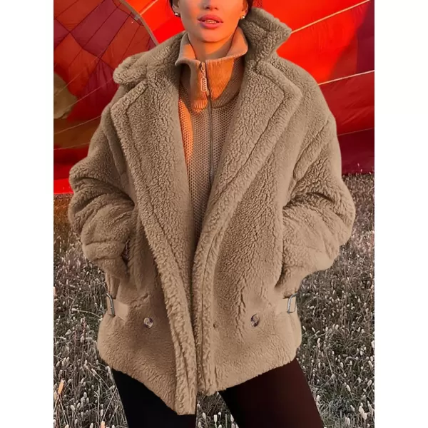 imagePRETTYGARDEN Womens 2023 Winter Fashion Sherpa Coats Lapel Fleece Jacket Long Sleeve Pockets Faux Fur Dressy Fall OutfitsKhaki