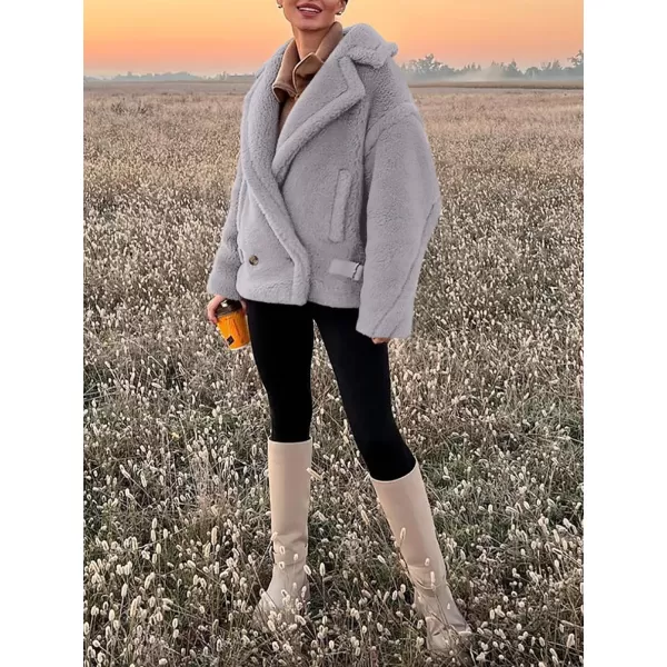imagePRETTYGARDEN Womens 2023 Winter Fashion Sherpa Coats Lapel Fleece Jacket Long Sleeve Pockets Faux Fur Dressy Fall OutfitsLight Grey