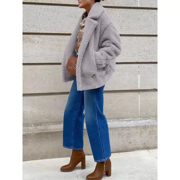 imagePRETTYGARDEN Womens 2023 Winter Fashion Sherpa Coats Lapel Fleece Jacket Long Sleeve Pockets Faux Fur Dressy Fall OutfitsLight Grey