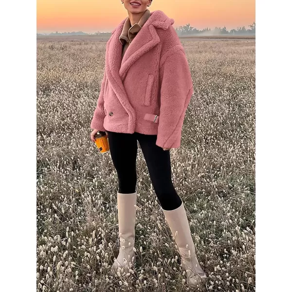 imagePRETTYGARDEN Womens 2023 Winter Fashion Sherpa Coats Lapel Fleece Jacket Long Sleeve Pockets Faux Fur Dressy Fall OutfitsPink