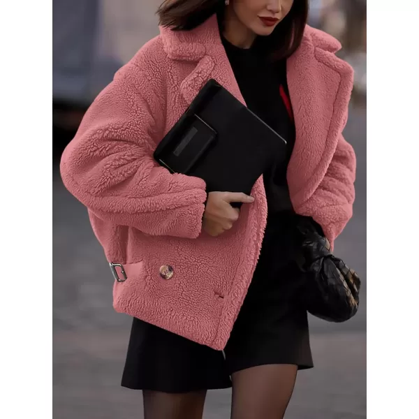 imagePRETTYGARDEN Womens 2023 Winter Fashion Sherpa Coats Lapel Fleece Jacket Long Sleeve Pockets Faux Fur Dressy Fall OutfitsPink