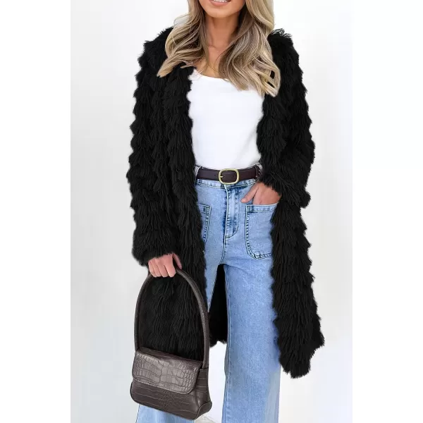 imagePRETTYGARDEN Womens 2023 Winter Faux Fur Jackets Fall Fashion Open Front Long Shaggy Coat OuterwearBlack