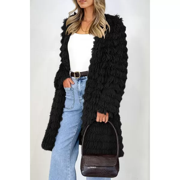 imagePRETTYGARDEN Womens 2023 Winter Faux Fur Jackets Fall Fashion Open Front Long Shaggy Coat OuterwearBlack