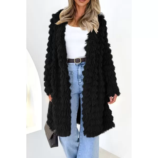 imagePRETTYGARDEN Womens 2023 Winter Faux Fur Jackets Fall Fashion Open Front Long Shaggy Coat OuterwearBlack