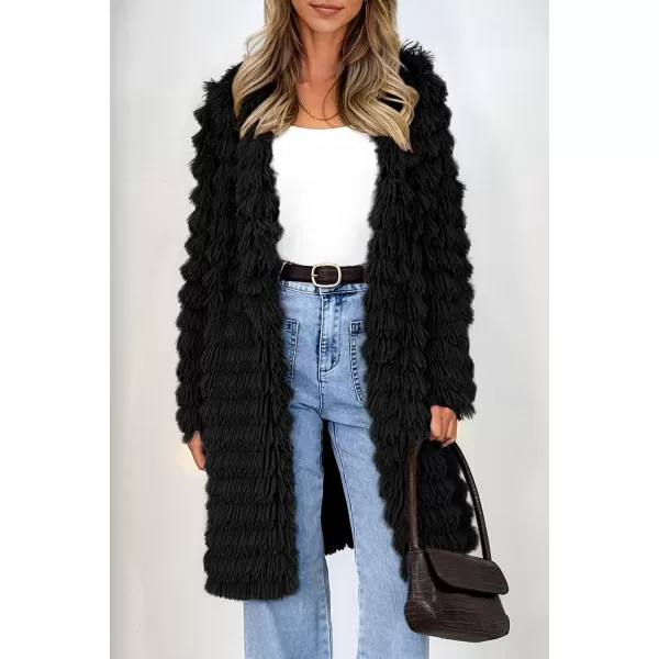 imagePRETTYGARDEN Womens 2023 Winter Faux Fur Jackets Fall Fashion Open Front Long Shaggy Coat OuterwearBlack