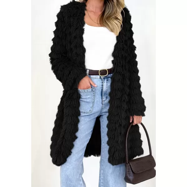 imagePRETTYGARDEN Womens 2023 Winter Faux Fur Jackets Fall Fashion Open Front Long Shaggy Coat OuterwearBlack