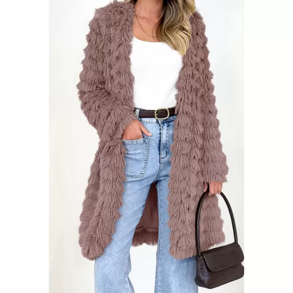 imagePRETTYGARDEN Womens 2023 Winter Faux Fur Jackets Fall Fashion Open Front Long Shaggy Coat OuterwearCoffee