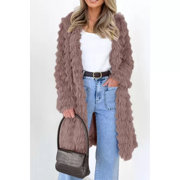 imagePRETTYGARDEN Womens 2023 Winter Faux Fur Jackets Fall Fashion Open Front Long Shaggy Coat OuterwearCoffee