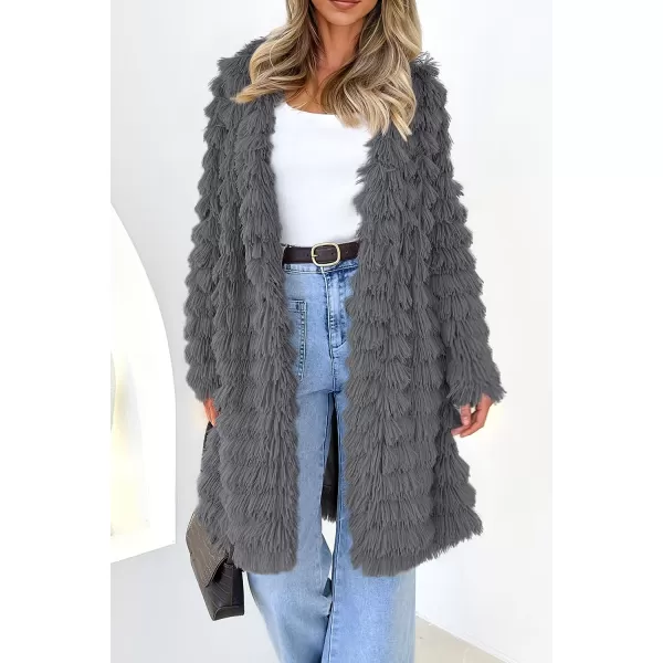imagePRETTYGARDEN Womens 2023 Winter Faux Fur Jackets Fall Fashion Open Front Long Shaggy Coat OuterwearDark Grey