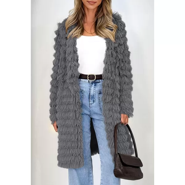 imagePRETTYGARDEN Womens 2023 Winter Faux Fur Jackets Fall Fashion Open Front Long Shaggy Coat OuterwearDark Grey