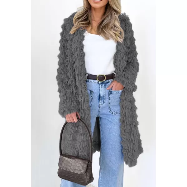 imagePRETTYGARDEN Womens 2023 Winter Faux Fur Jackets Fall Fashion Open Front Long Shaggy Coat OuterwearDark Grey