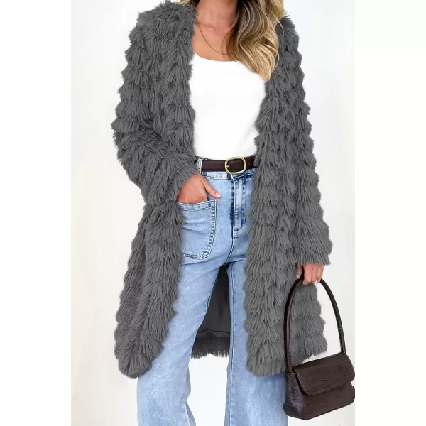 imagePRETTYGARDEN Womens 2023 Winter Faux Fur Jackets Fall Fashion Open Front Long Shaggy Coat OuterwearDark Grey
