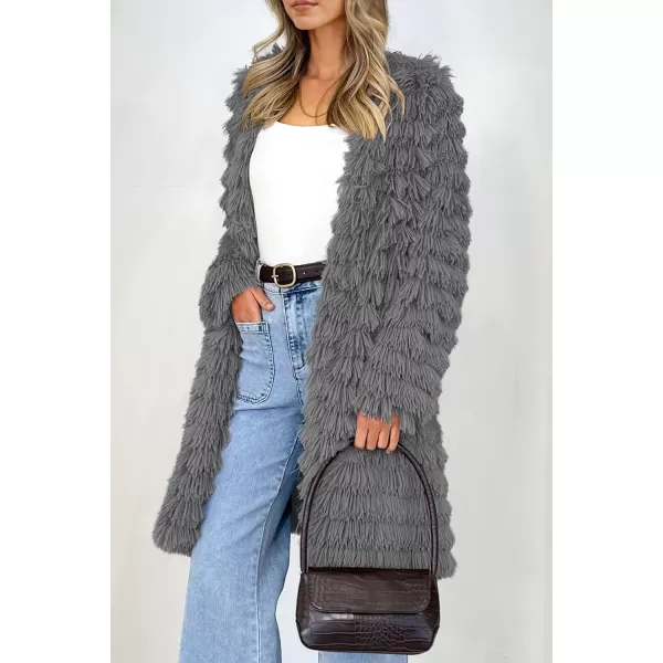 imagePRETTYGARDEN Womens 2023 Winter Faux Fur Jackets Fall Fashion Open Front Long Shaggy Coat OuterwearDark Grey