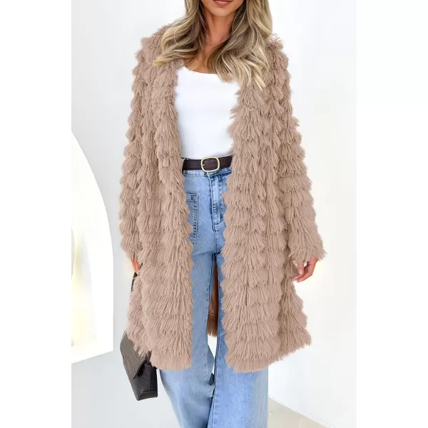 imagePRETTYGARDEN Womens 2023 Winter Faux Fur Jackets Fall Fashion Open Front Long Shaggy Coat OuterwearDark Khaki