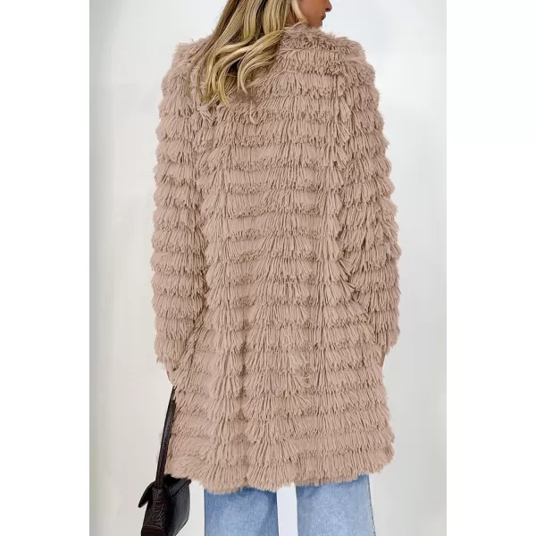 imagePRETTYGARDEN Womens 2023 Winter Faux Fur Jackets Fall Fashion Open Front Long Shaggy Coat OuterwearDark Khaki