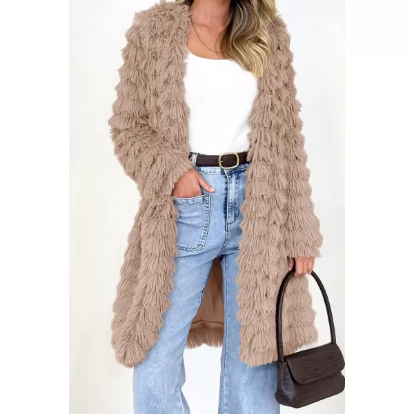 imagePRETTYGARDEN Womens 2023 Winter Faux Fur Jackets Fall Fashion Open Front Long Shaggy Coat OuterwearLight Khaki