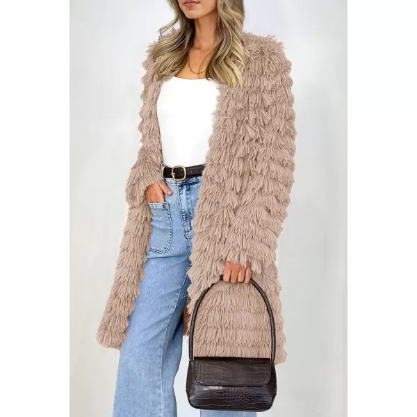 imagePRETTYGARDEN Womens 2023 Winter Faux Fur Jackets Fall Fashion Open Front Long Shaggy Coat OuterwearLight Khaki