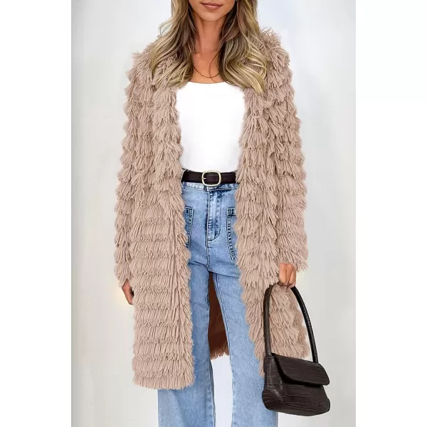 imagePRETTYGARDEN Womens 2023 Winter Faux Fur Jackets Fall Fashion Open Front Long Shaggy Coat OuterwearLight Khaki