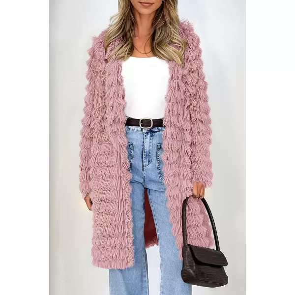imagePRETTYGARDEN Womens 2023 Winter Faux Fur Jackets Fall Fashion Open Front Long Shaggy Coat OuterwearPink