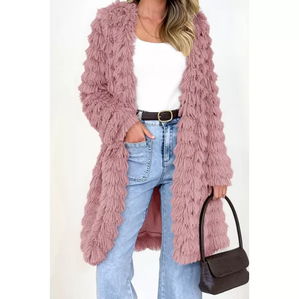 imagePRETTYGARDEN Womens 2023 Winter Faux Fur Jackets Fall Fashion Open Front Long Shaggy Coat OuterwearPink
