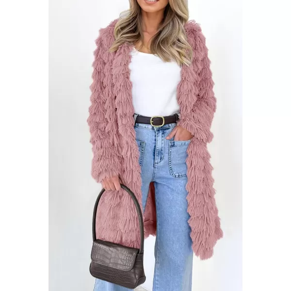 imagePRETTYGARDEN Womens 2023 Winter Faux Fur Jackets Fall Fashion Open Front Long Shaggy Coat OuterwearPink