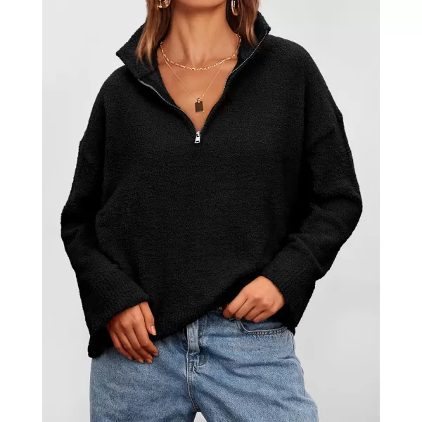 imagePRETTYGARDEN Womens 2023 Winter Pullover Sweaters Long Sleeve 14 Zip Lapel Chunky Knit Blouse TopsBlack