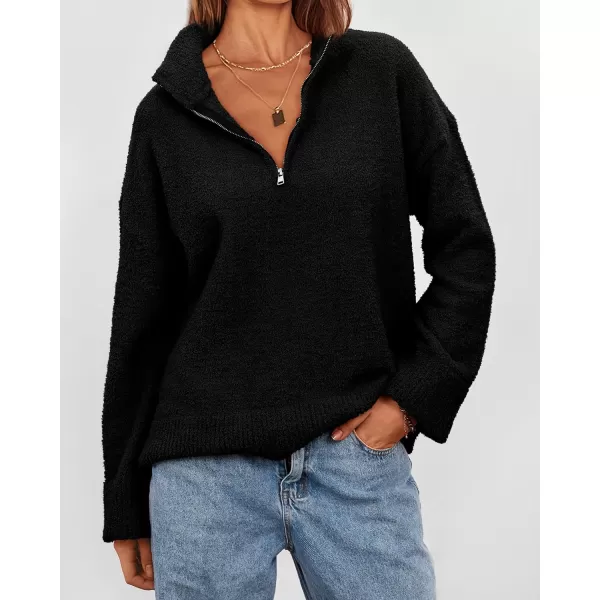 imagePRETTYGARDEN Womens 2023 Winter Pullover Sweaters Long Sleeve 14 Zip Lapel Chunky Knit Blouse TopsBlack