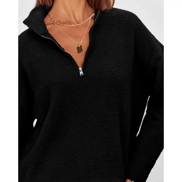 imagePRETTYGARDEN Womens 2023 Winter Pullover Sweaters Long Sleeve 14 Zip Lapel Chunky Knit Blouse TopsBlack