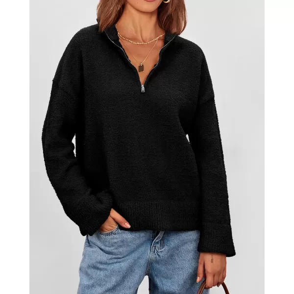 imagePRETTYGARDEN Womens 2023 Winter Pullover Sweaters Long Sleeve 14 Zip Lapel Chunky Knit Blouse TopsBlack
