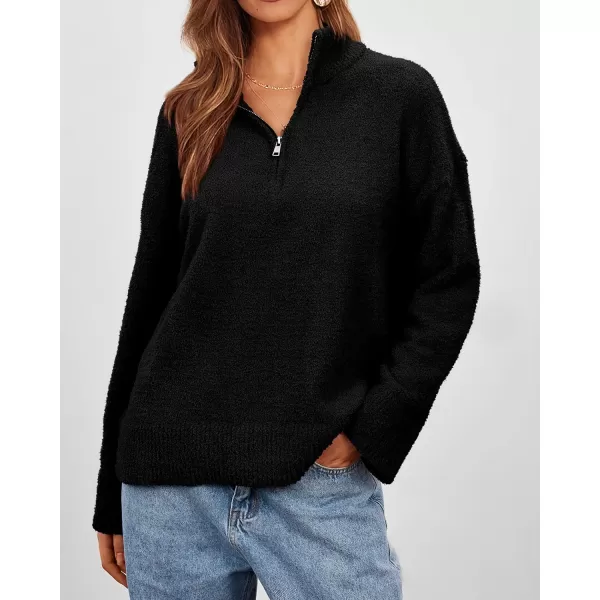 imagePRETTYGARDEN Womens 2023 Winter Pullover Sweaters Long Sleeve 14 Zip Lapel Chunky Knit Blouse TopsBlack
