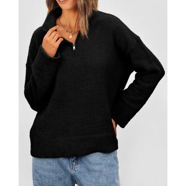 imagePRETTYGARDEN Womens 2023 Winter Pullover Sweaters Long Sleeve 14 Zip Lapel Chunky Knit Blouse TopsBlack