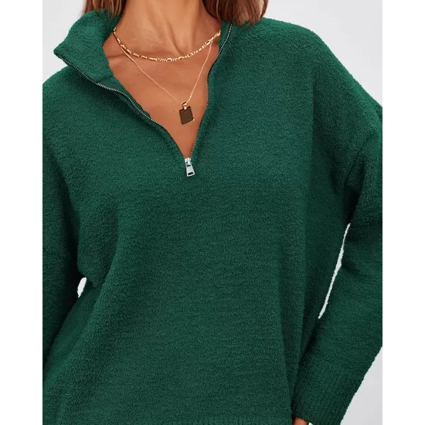 imagePRETTYGARDEN Womens 2023 Winter Pullover Sweaters Long Sleeve 14 Zip Lapel Chunky Knit Blouse TopsDark Green