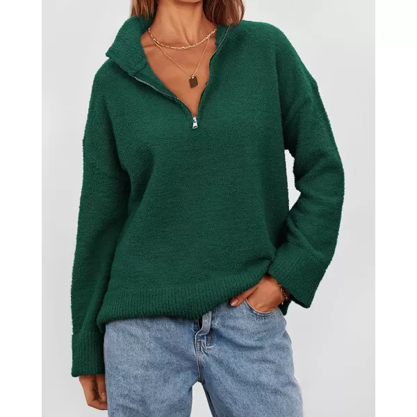 imagePRETTYGARDEN Womens 2023 Winter Pullover Sweaters Long Sleeve 14 Zip Lapel Chunky Knit Blouse TopsDark Green