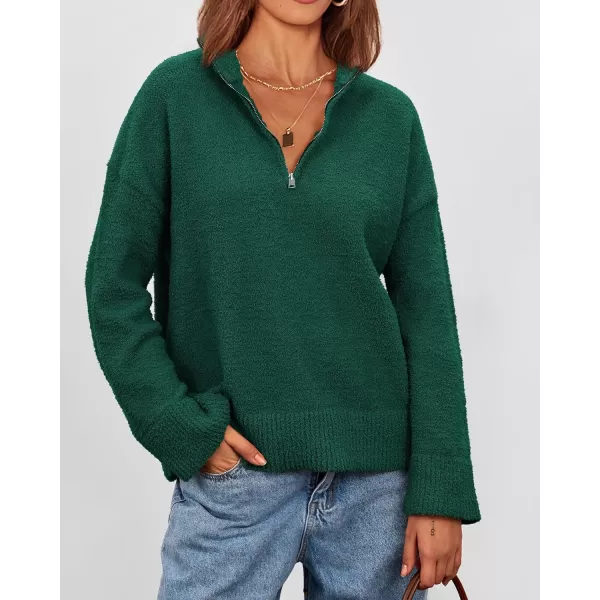 imagePRETTYGARDEN Womens 2023 Winter Pullover Sweaters Long Sleeve 14 Zip Lapel Chunky Knit Blouse TopsDark Green
