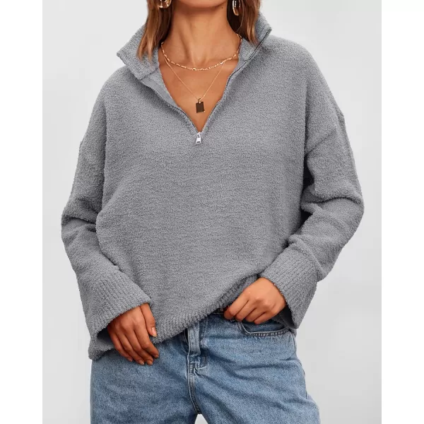 imagePRETTYGARDEN Womens 2023 Winter Pullover Sweaters Long Sleeve 14 Zip Lapel Chunky Knit Blouse TopsGrey