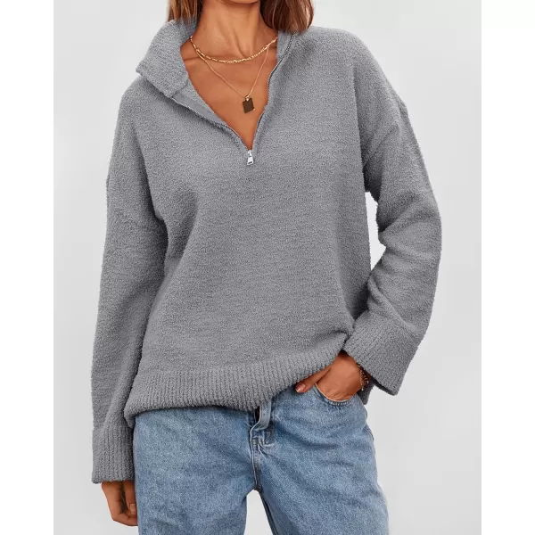 imagePRETTYGARDEN Womens 2023 Winter Pullover Sweaters Long Sleeve 14 Zip Lapel Chunky Knit Blouse TopsGrey