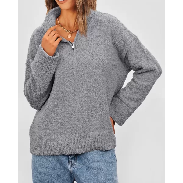 imagePRETTYGARDEN Womens 2023 Winter Pullover Sweaters Long Sleeve 14 Zip Lapel Chunky Knit Blouse TopsGrey