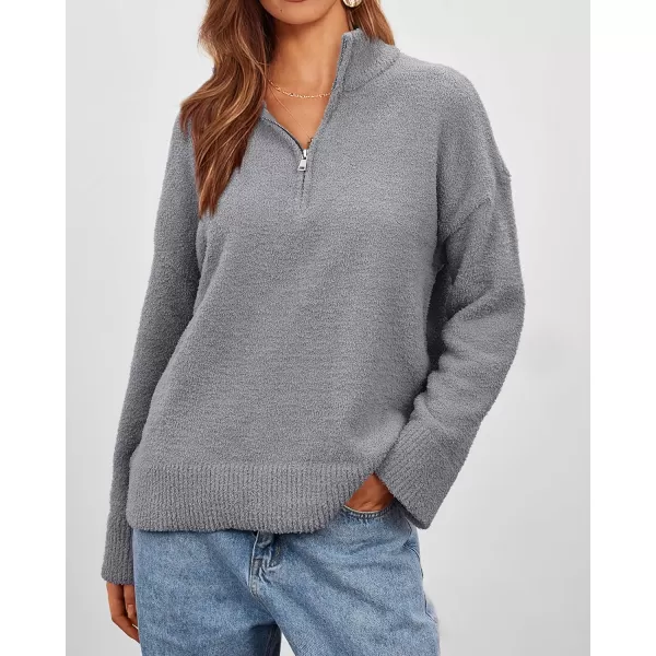 imagePRETTYGARDEN Womens 2023 Winter Pullover Sweaters Long Sleeve 14 Zip Lapel Chunky Knit Blouse TopsGrey
