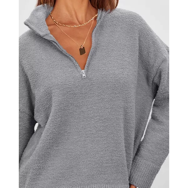imagePRETTYGARDEN Womens 2023 Winter Pullover Sweaters Long Sleeve 14 Zip Lapel Chunky Knit Blouse TopsGrey
