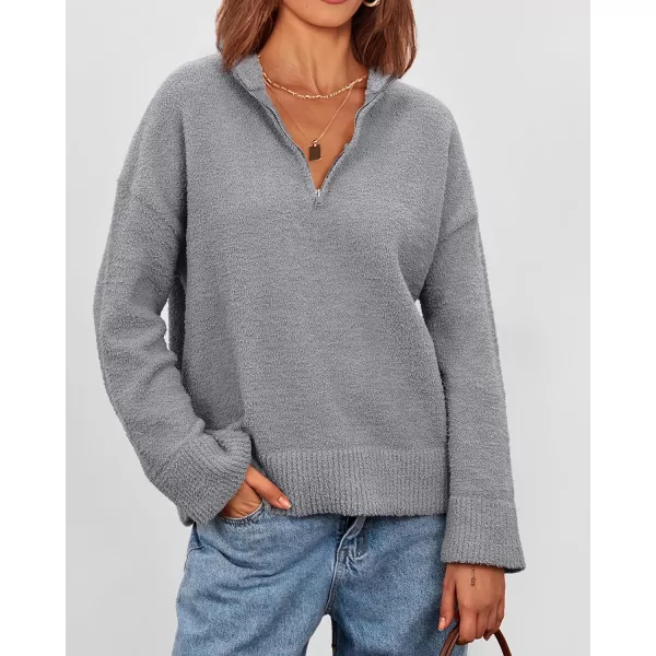 imagePRETTYGARDEN Womens 2023 Winter Pullover Sweaters Long Sleeve 14 Zip Lapel Chunky Knit Blouse TopsGrey